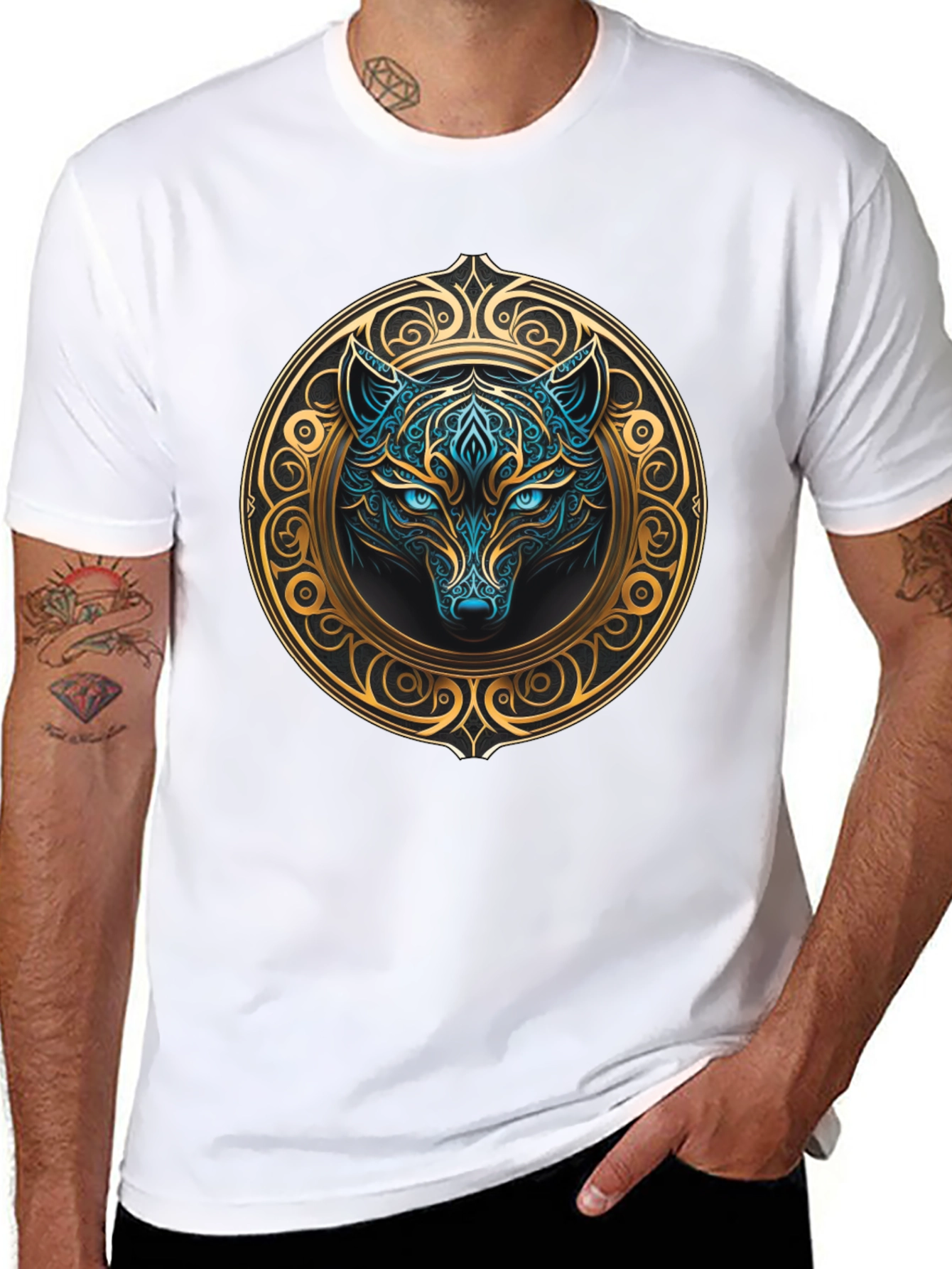 Wolf Graphic Tee - Mystical Blue & Gold Design
