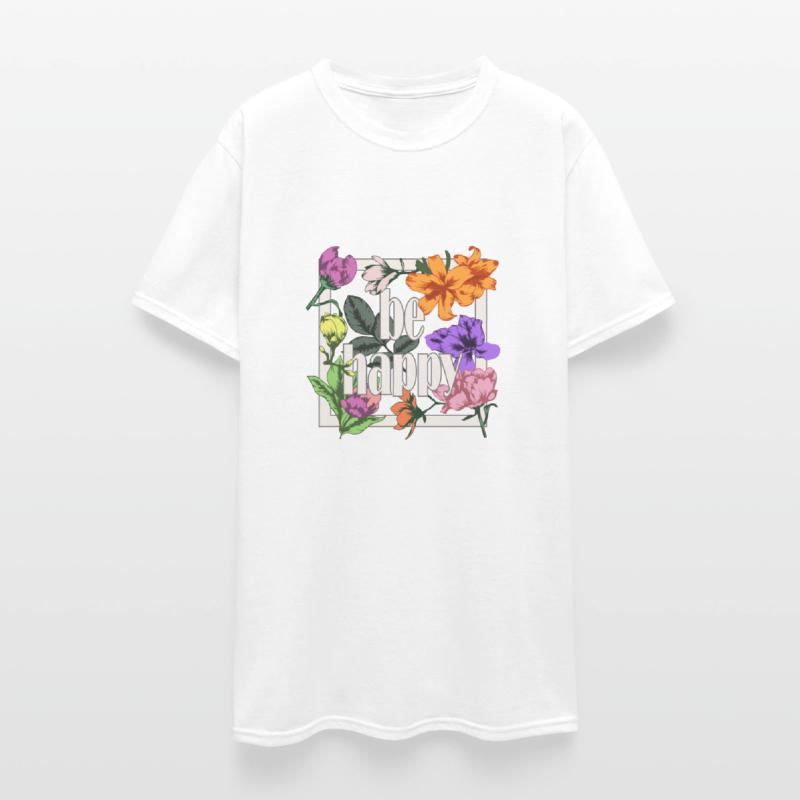 Be Happy greeting on blooming garden flowers