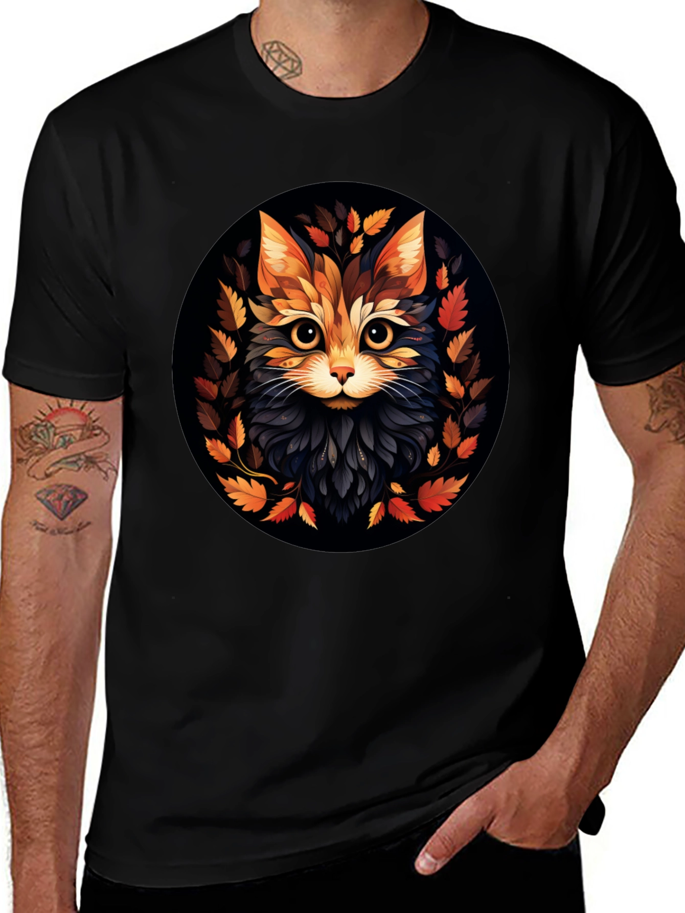 Stylish Cat Art Black T-Shirt