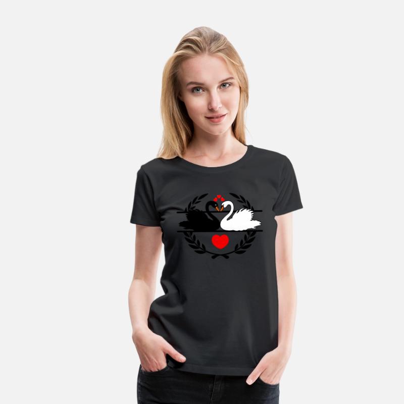 Black and white swan in laurel wreath with hearts