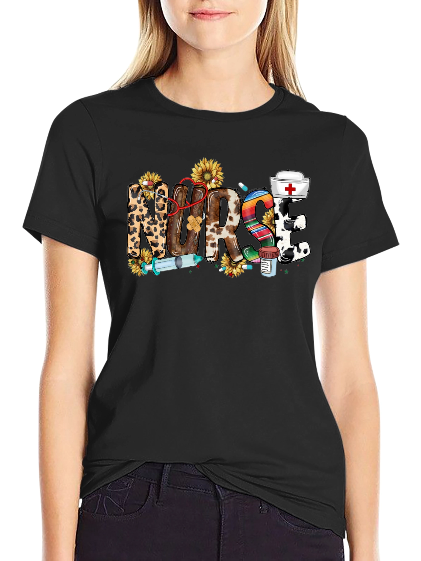 Nurse Themed Graphic Print Black T-Shirt