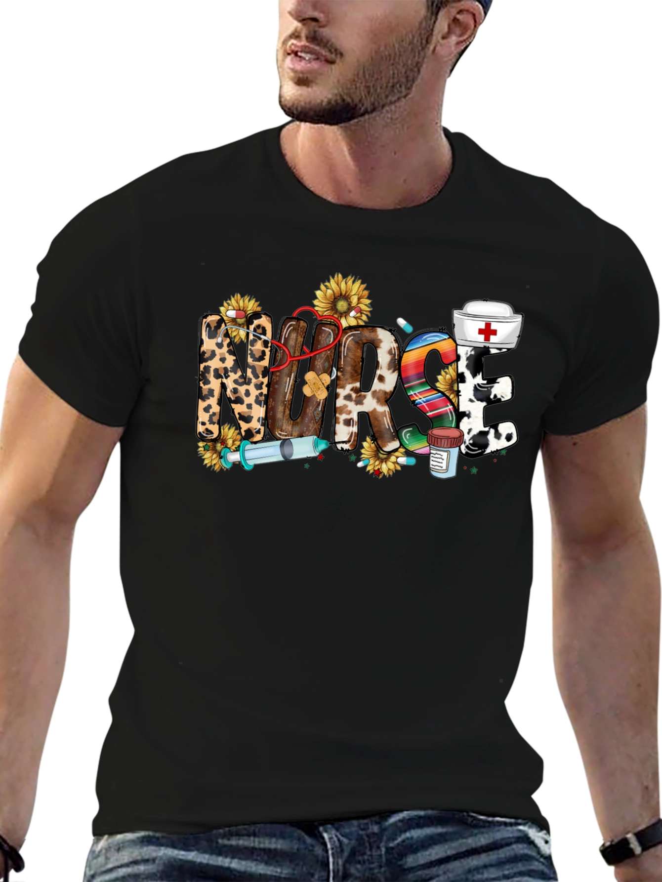 Nurse Themed Graphic Print Black T-Shirt
