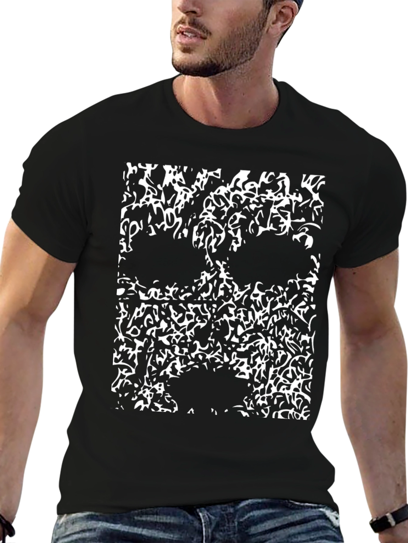 Abstract Skull Graphic Tee - Black Cotton T-Shirt