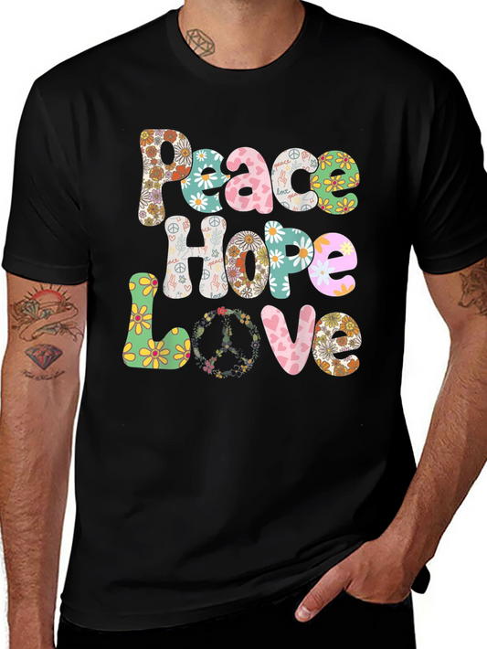 Peace Hope Love Graphic T-Shirt - Retro Floral Design