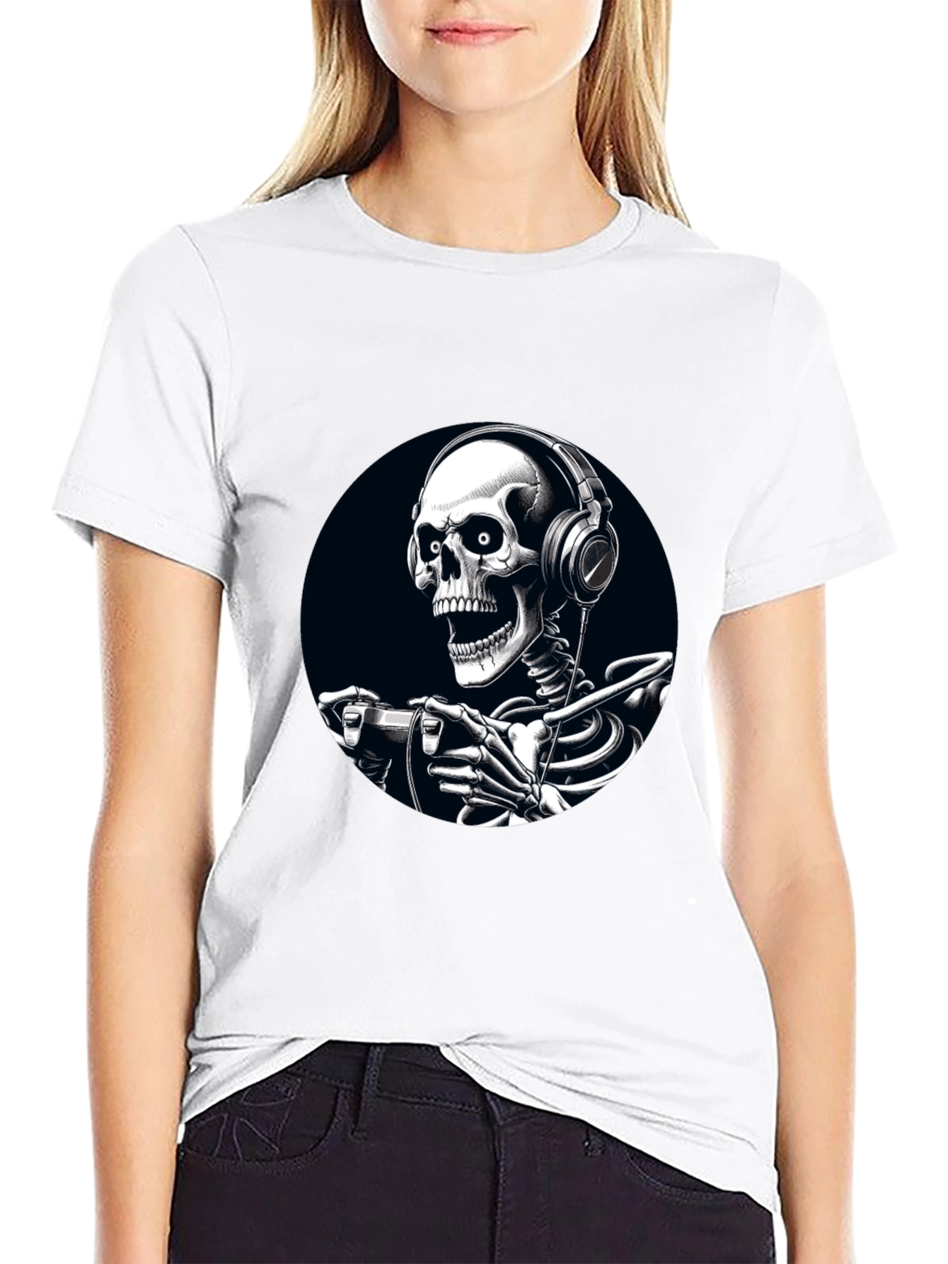 Gaming Skeleton Graphic Tee - Black Cotton T-Shirt