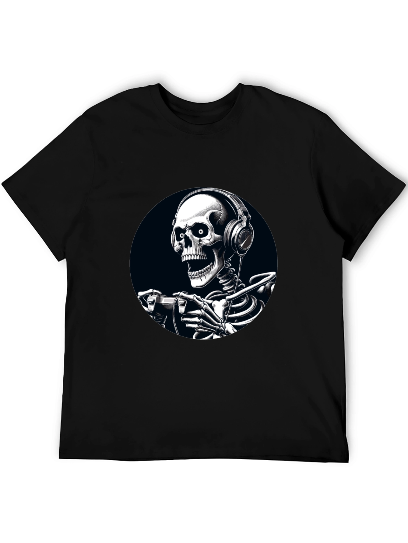 Gaming Skeleton Graphic Tee - Black Cotton T-Shirt