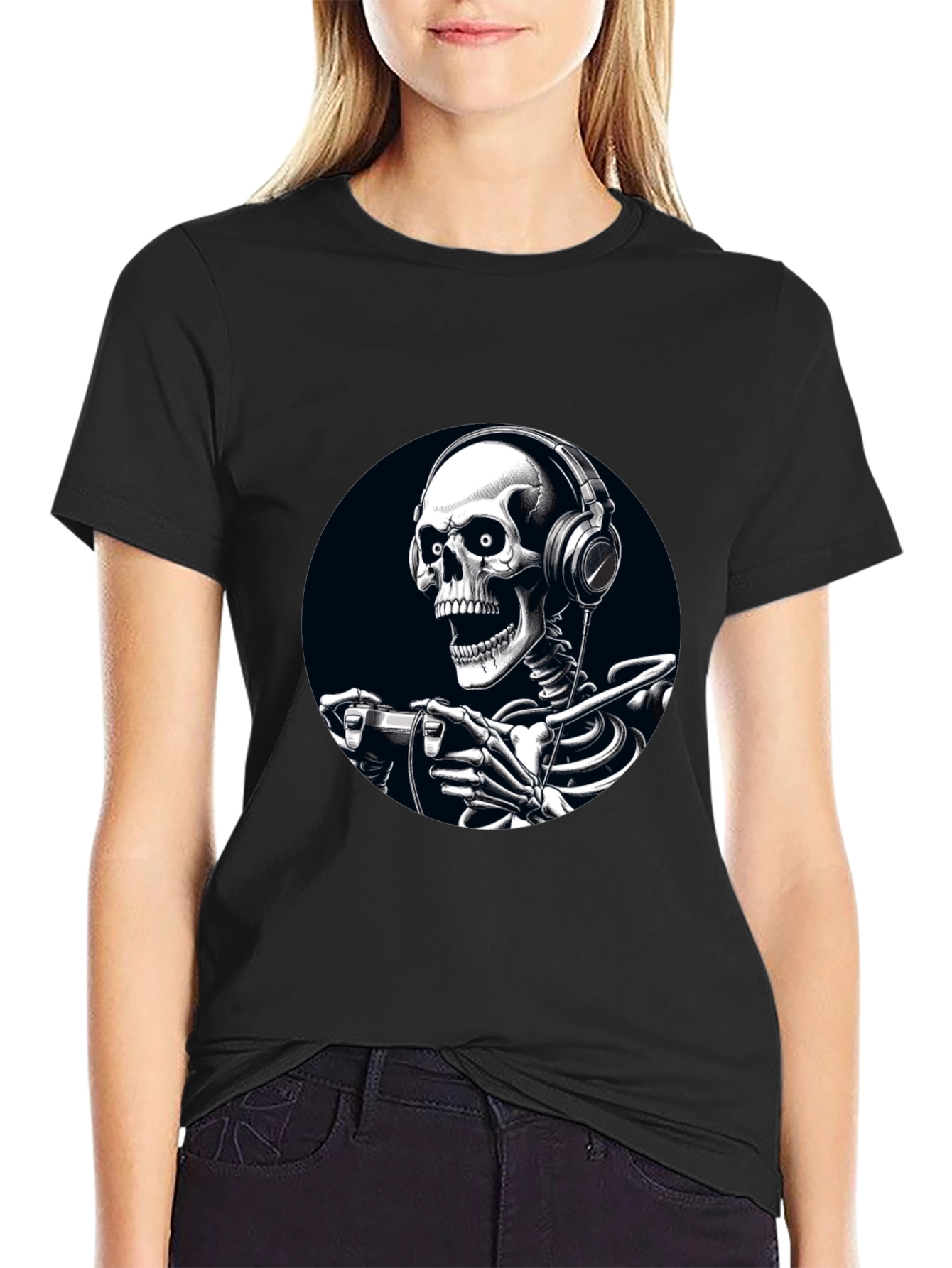 Gaming Skeleton Graphic Tee - Black Cotton T-Shirt