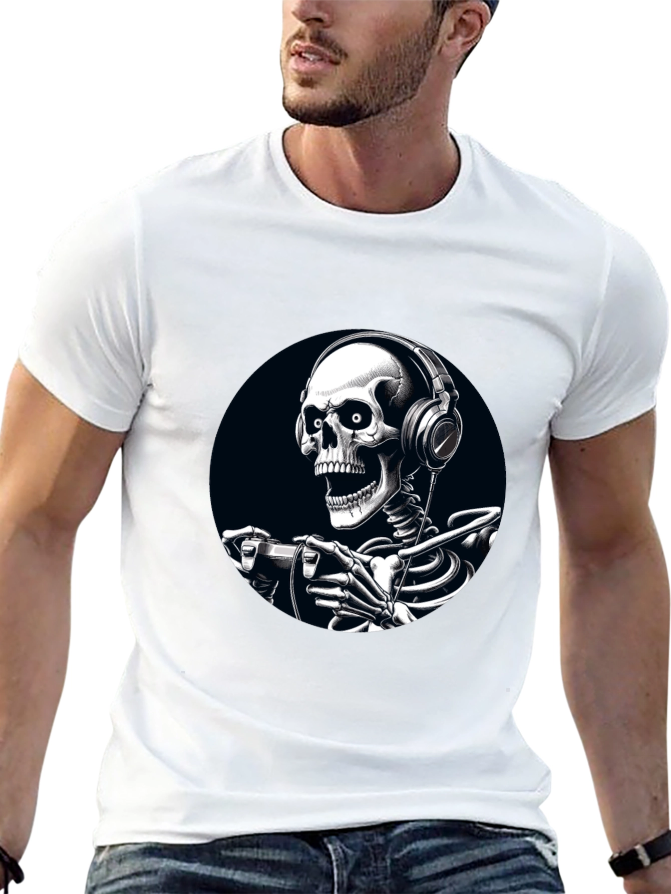 Gaming Skeleton Graphic Tee - Black Cotton T-Shirt