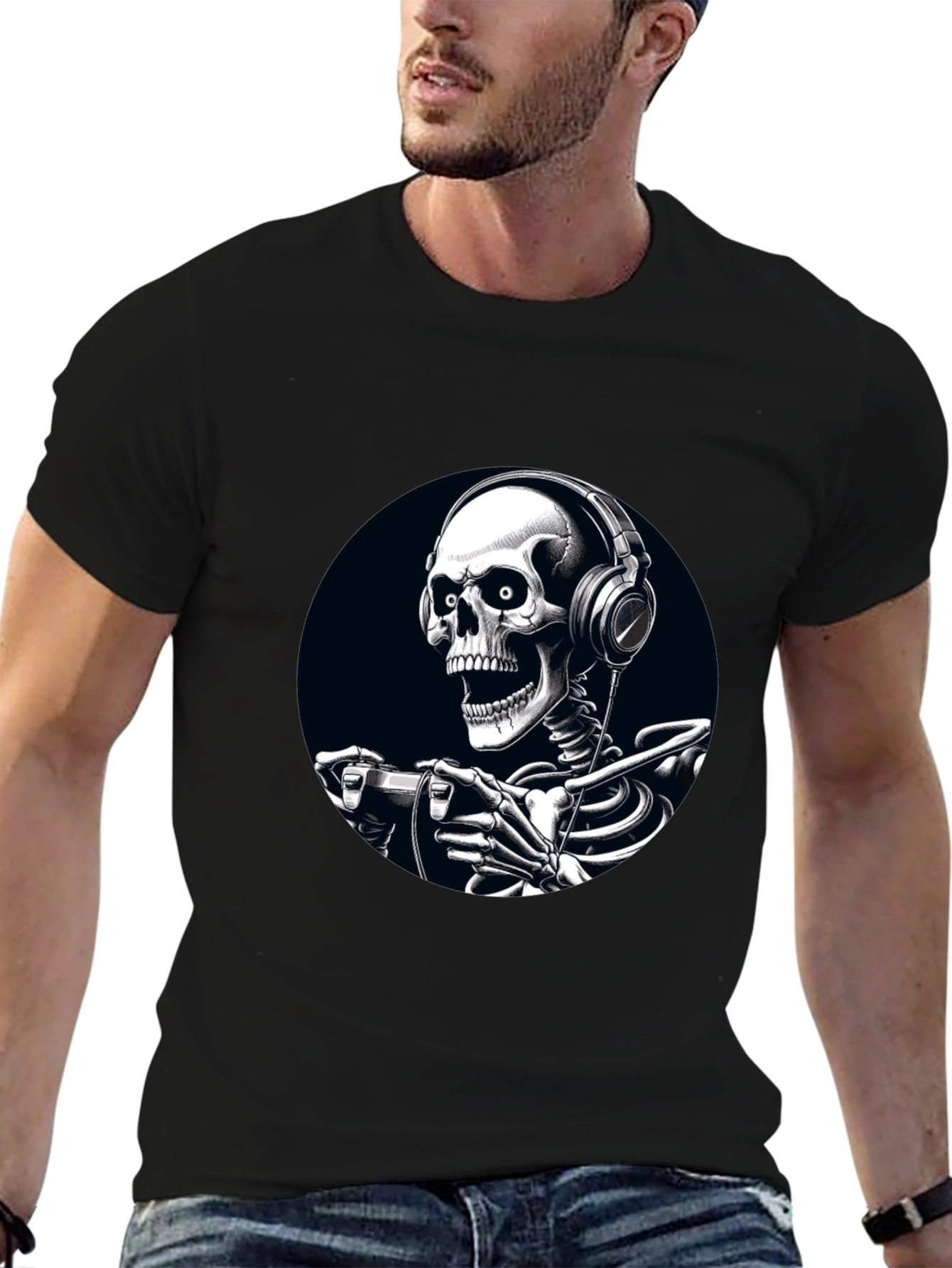 Gaming Skeleton Graphic Tee - Black Cotton T-Shirt