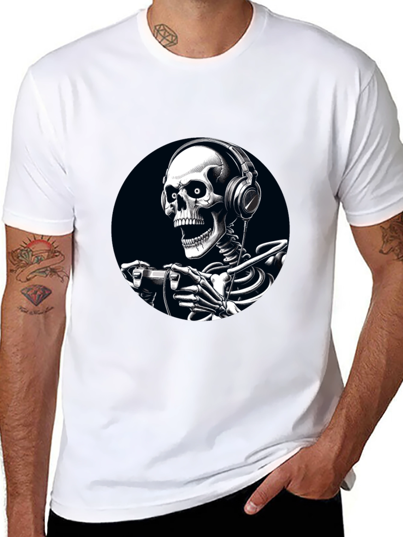 Gaming Skeleton Graphic Tee - Black Cotton T-Shirt