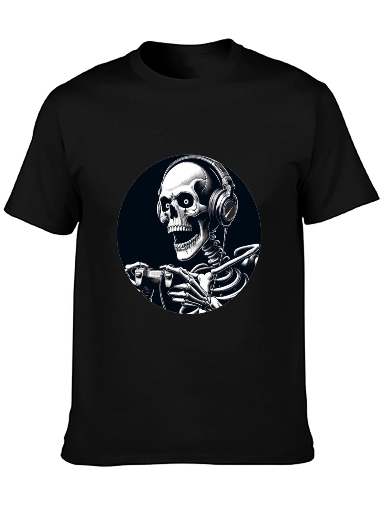 Gaming Skeleton Graphic Tee - Black Cotton T-Shirt