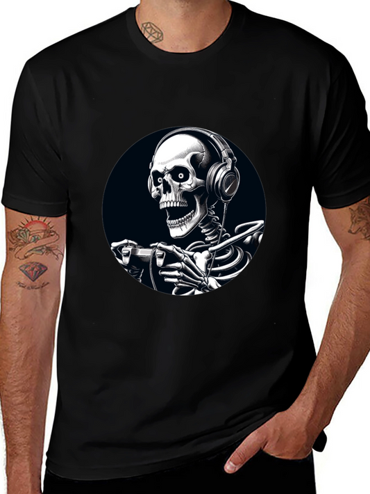 Gaming Skeleton Graphic Tee - Black Cotton T-Shirt