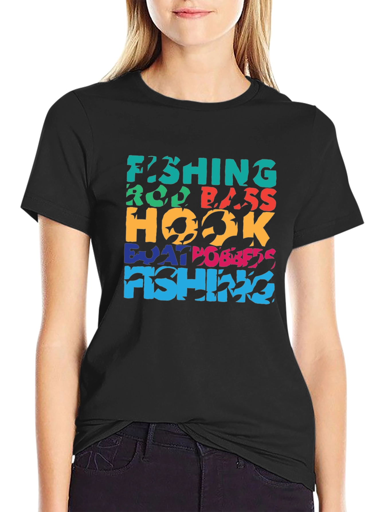 Fishing Word Art Black T-Shirt