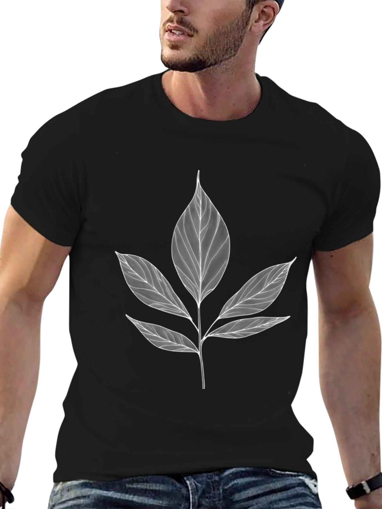 Botanical Leaf Print Black T-Shirt