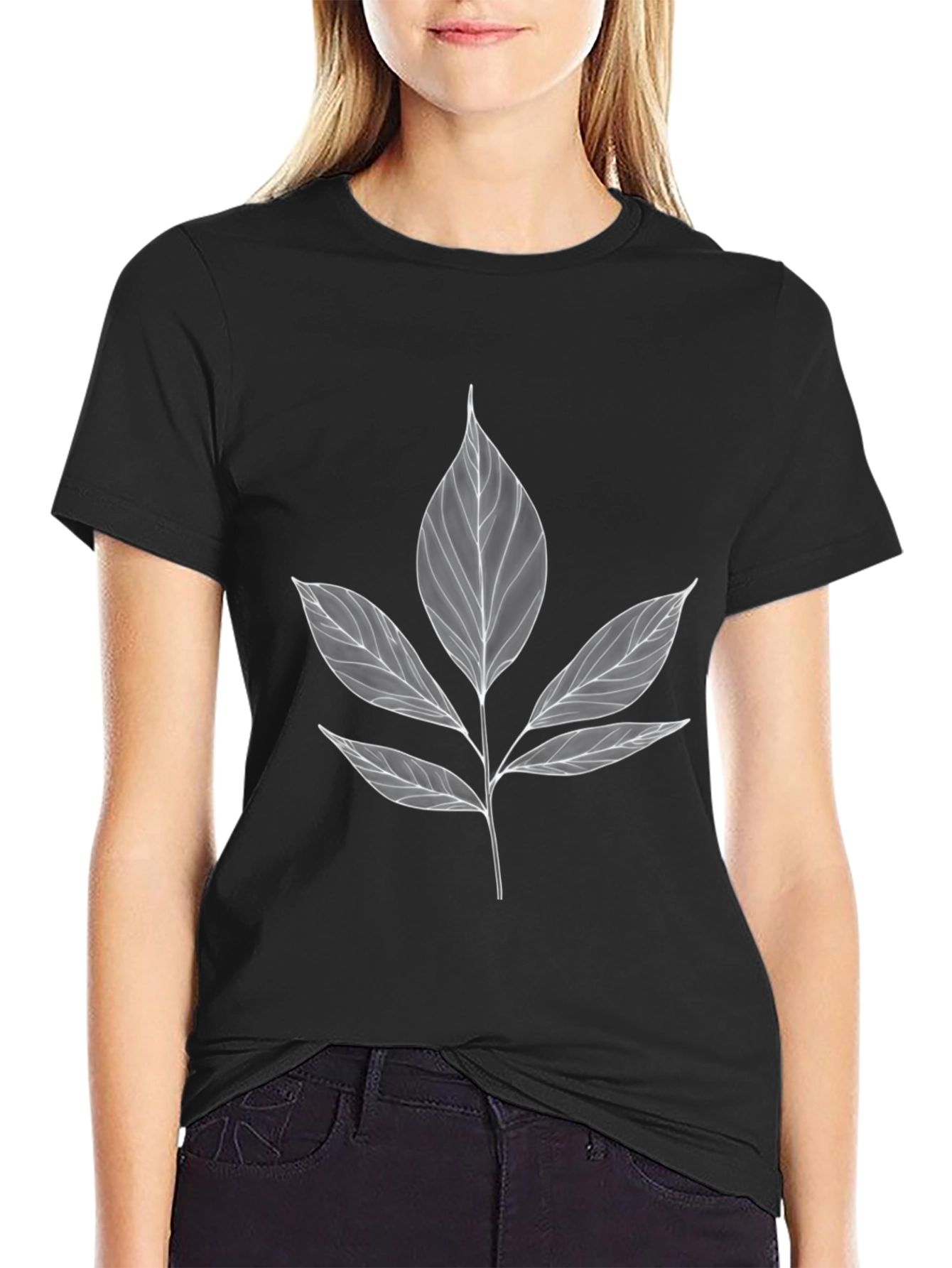Botanical Leaf Print Black T-Shirt