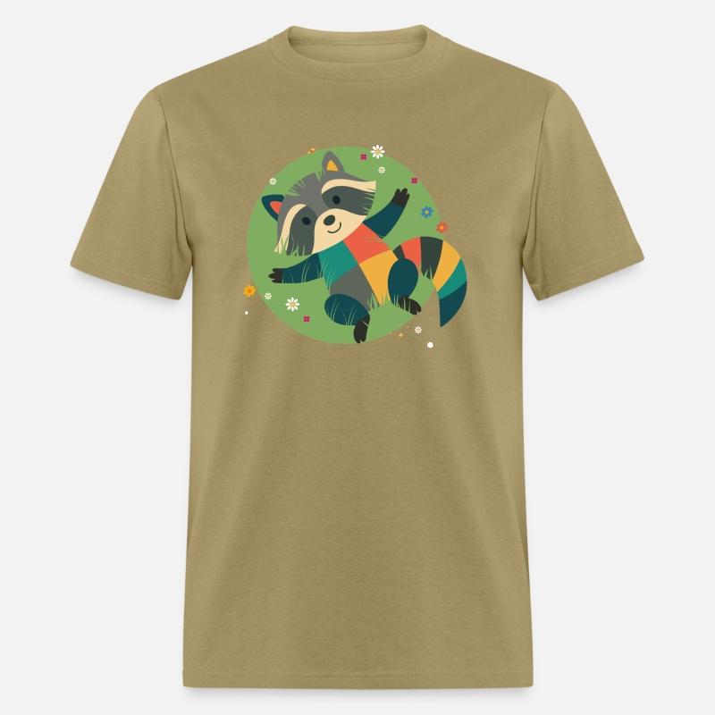 colorful raccoon lies relaxed in the green grass