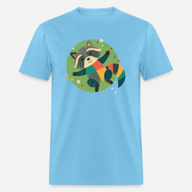 colorful raccoon lies relaxed in the green grass