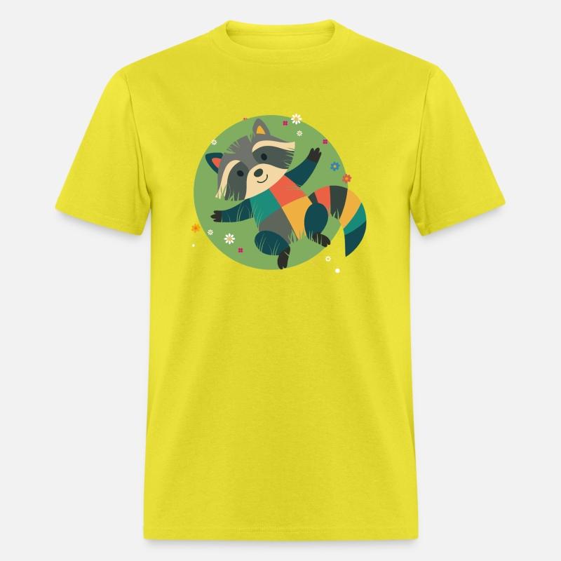 colorful raccoon lies relaxed in the green grass