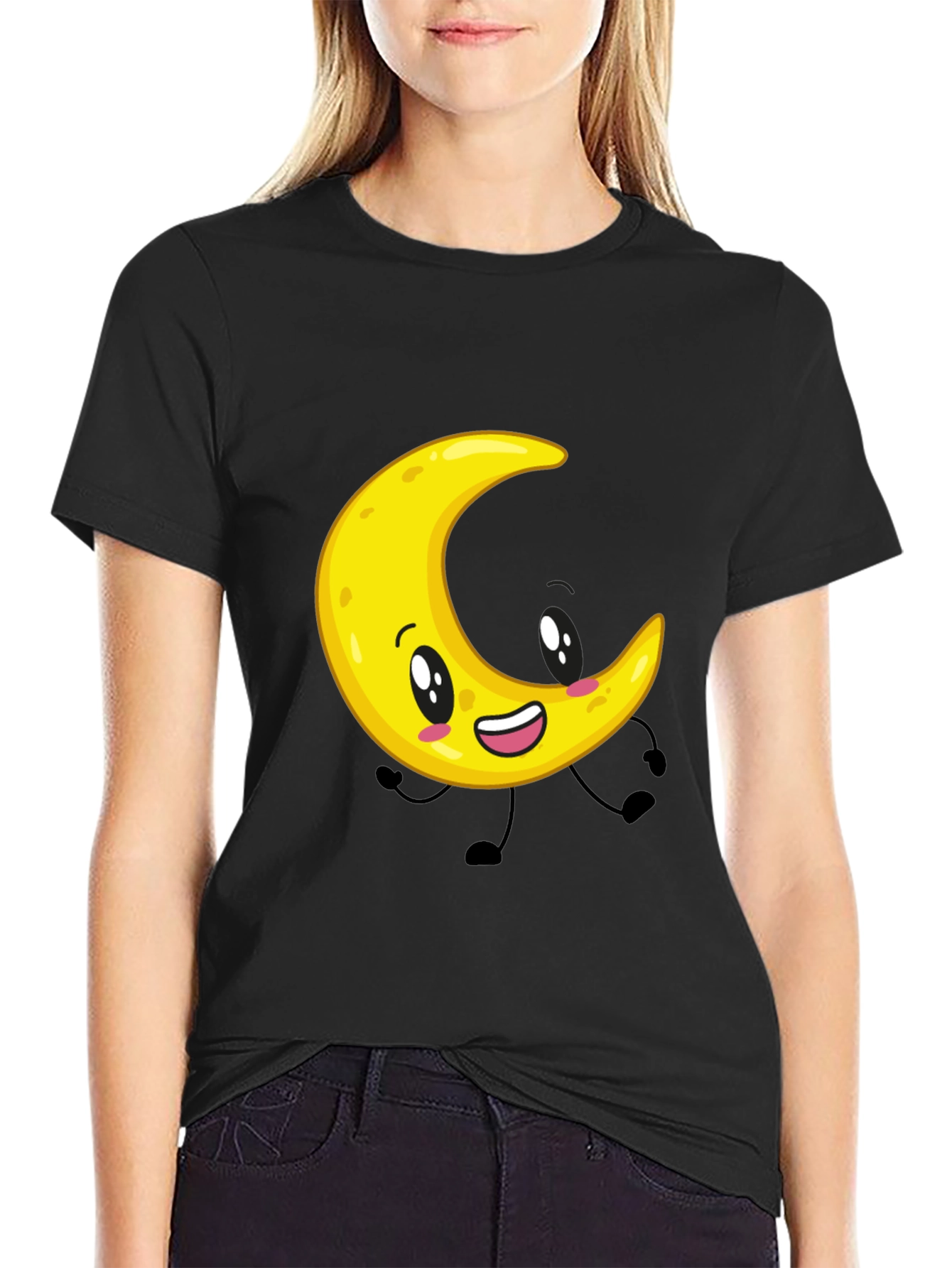 Cartoon Moon Graphic Black T-Shirt