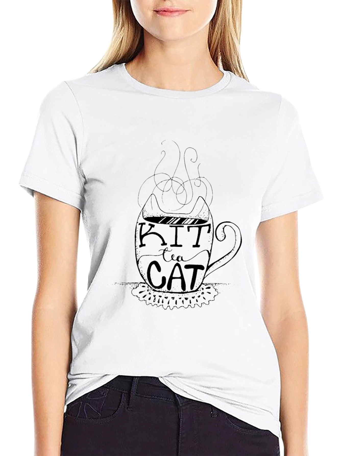 Kit Tea Cat Graphic T-Shirt - Black