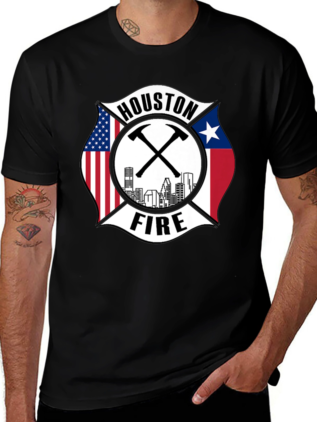 Houston Fire Department T-Shirt - American & Texas Flags