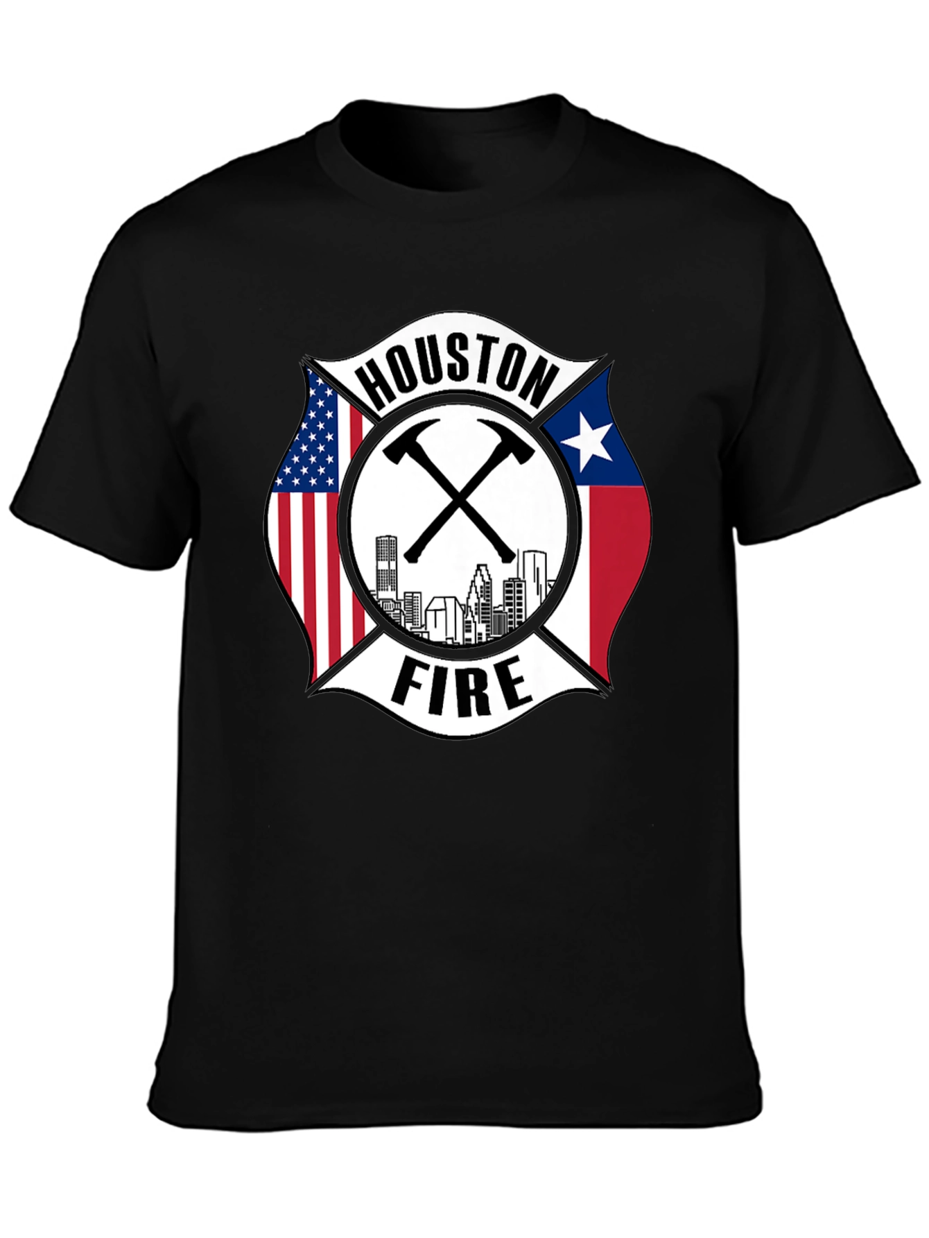 Houston Fire Department T-Shirt - American & Texas Flags