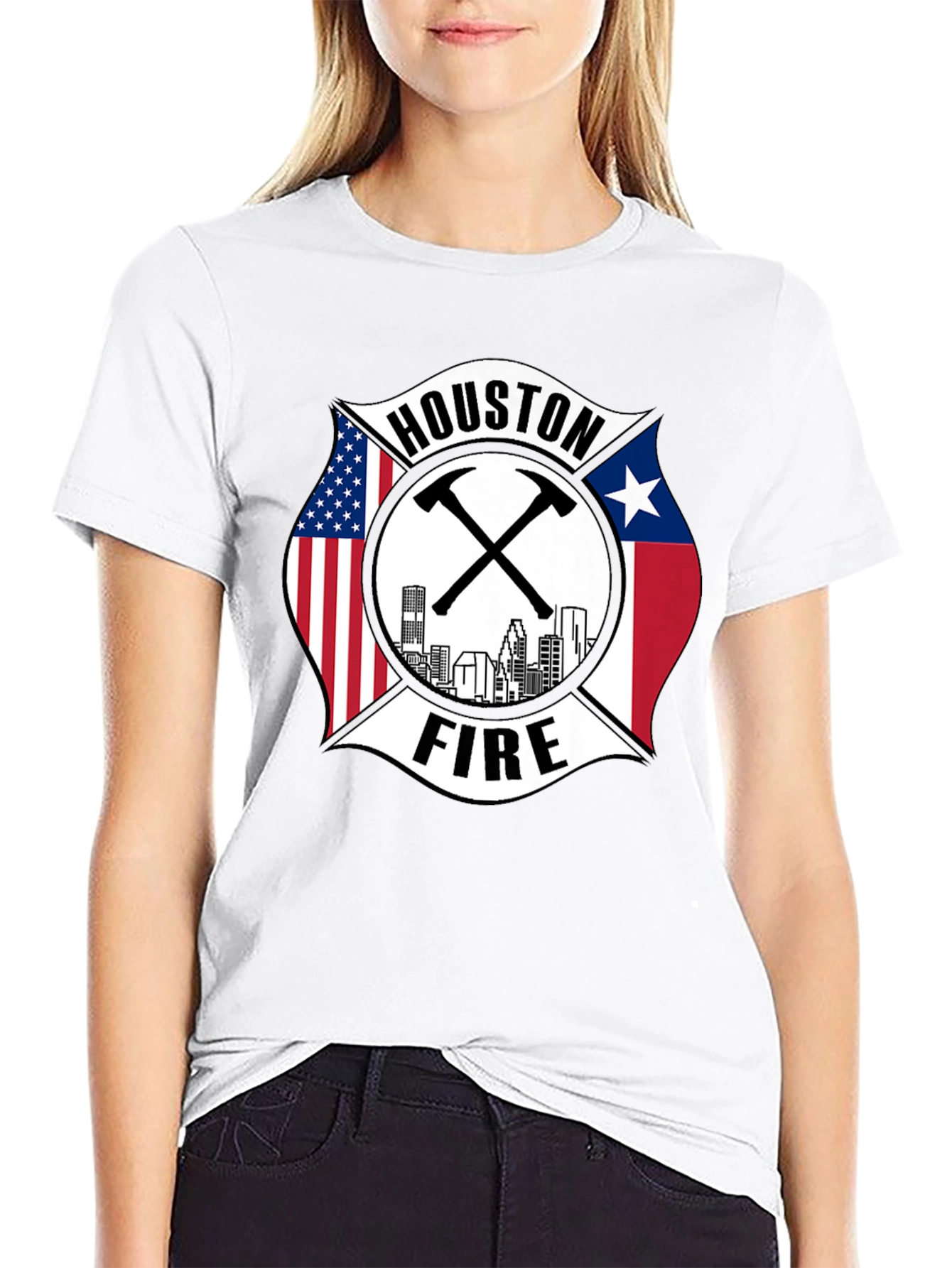 Houston Fire Department T-Shirt - American & Texas Flags