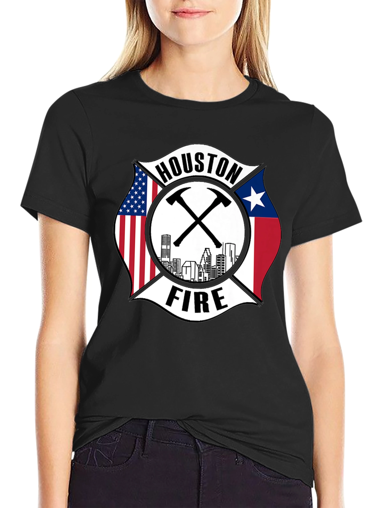Houston Fire Department T-Shirt - American & Texas Flags