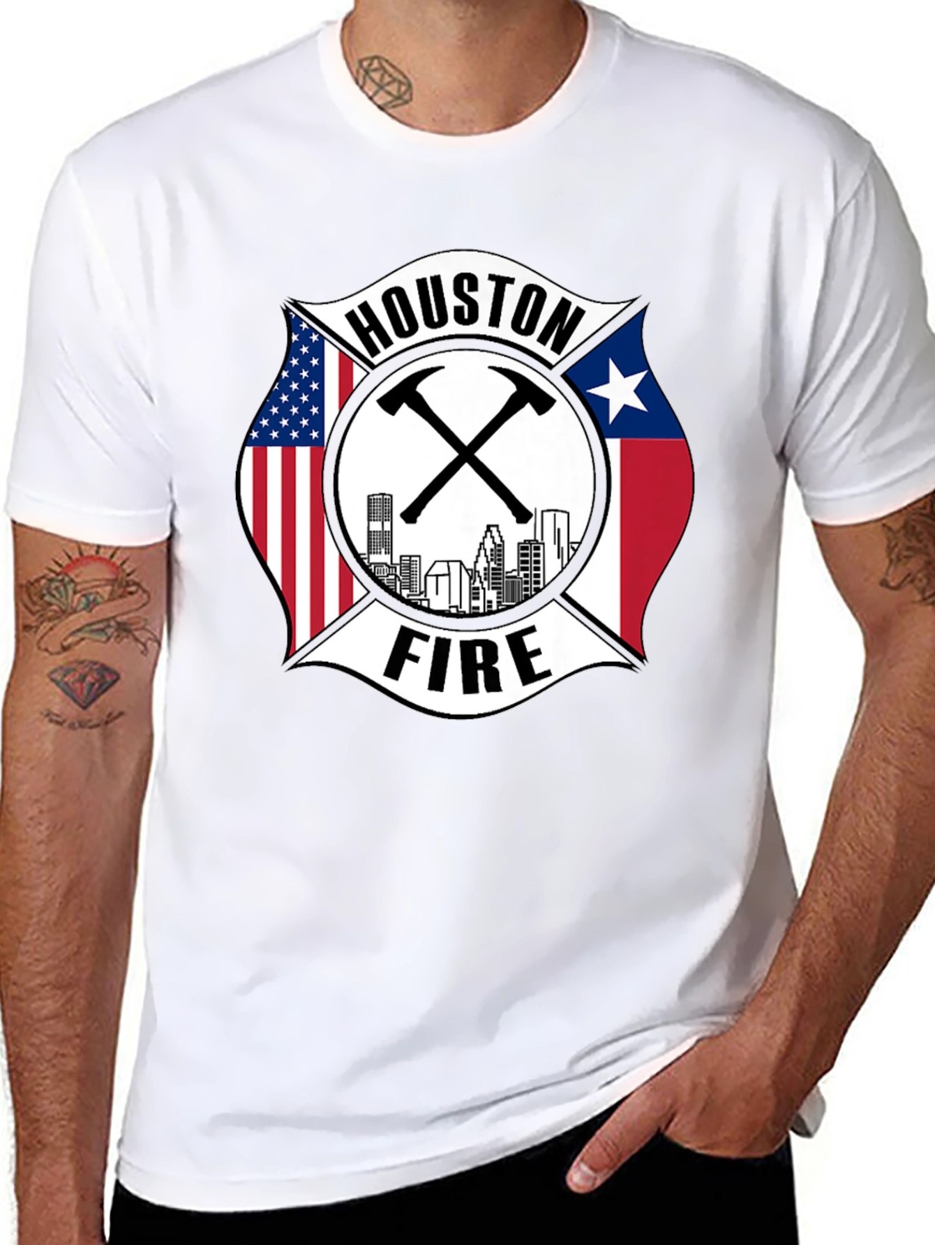 Houston Fire Department T-Shirt - American & Texas Flags