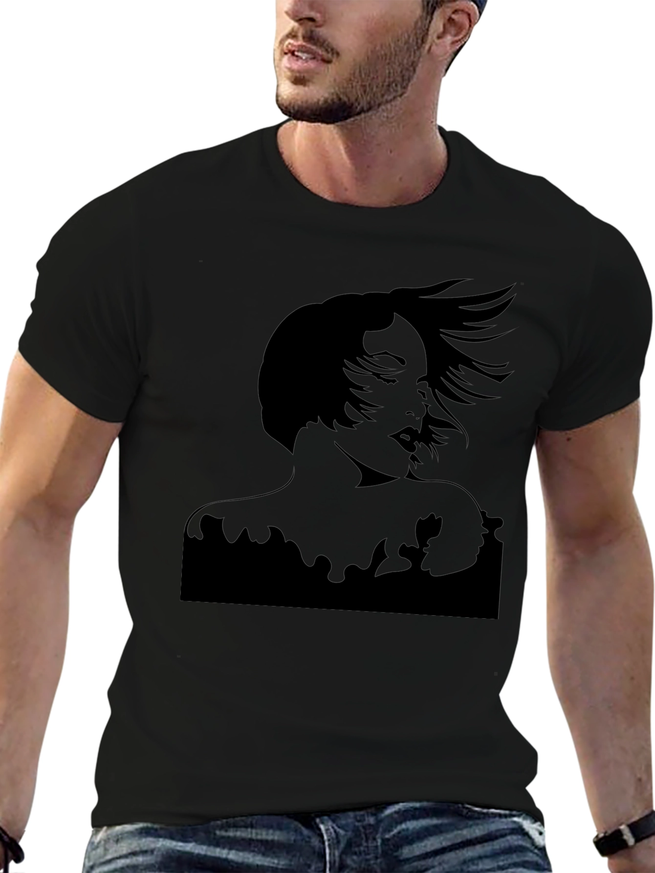 Silhouette Woman Graphic Tee - Black Cotton Casual T-Shirt