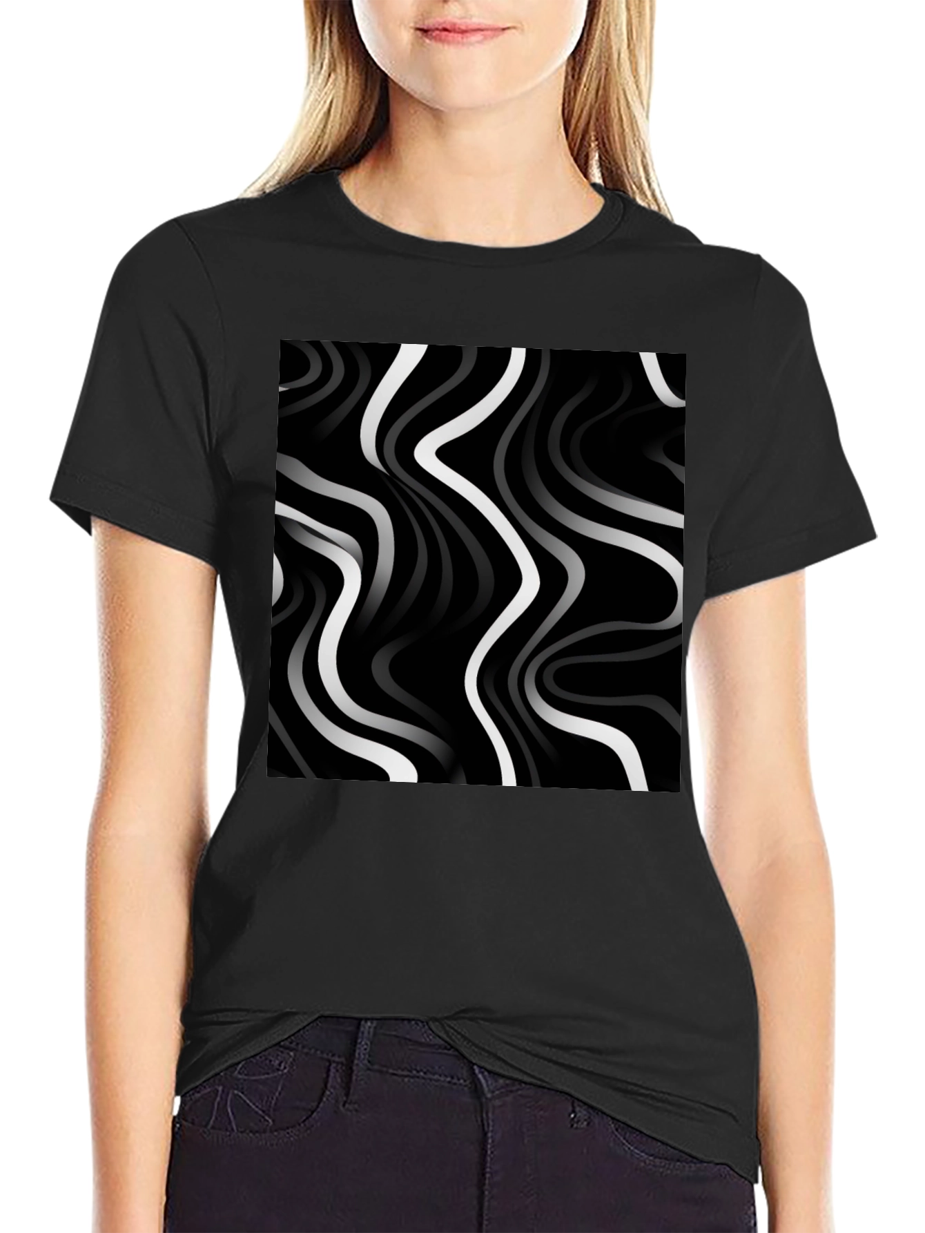 Abstract Wave Pattern Tee - Modern Black T-Shirt