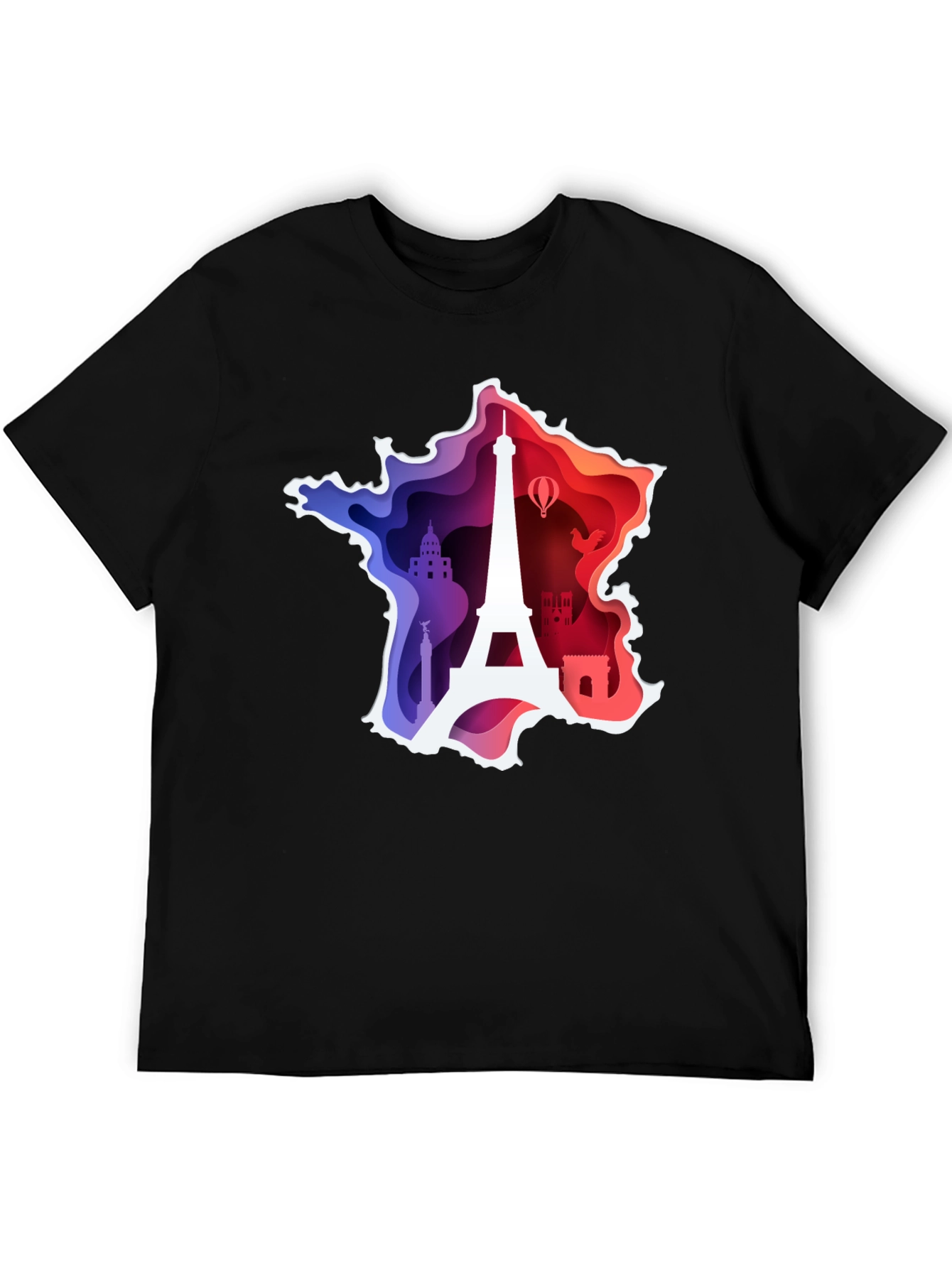 France Map Paris Landmark Black T-Shirt