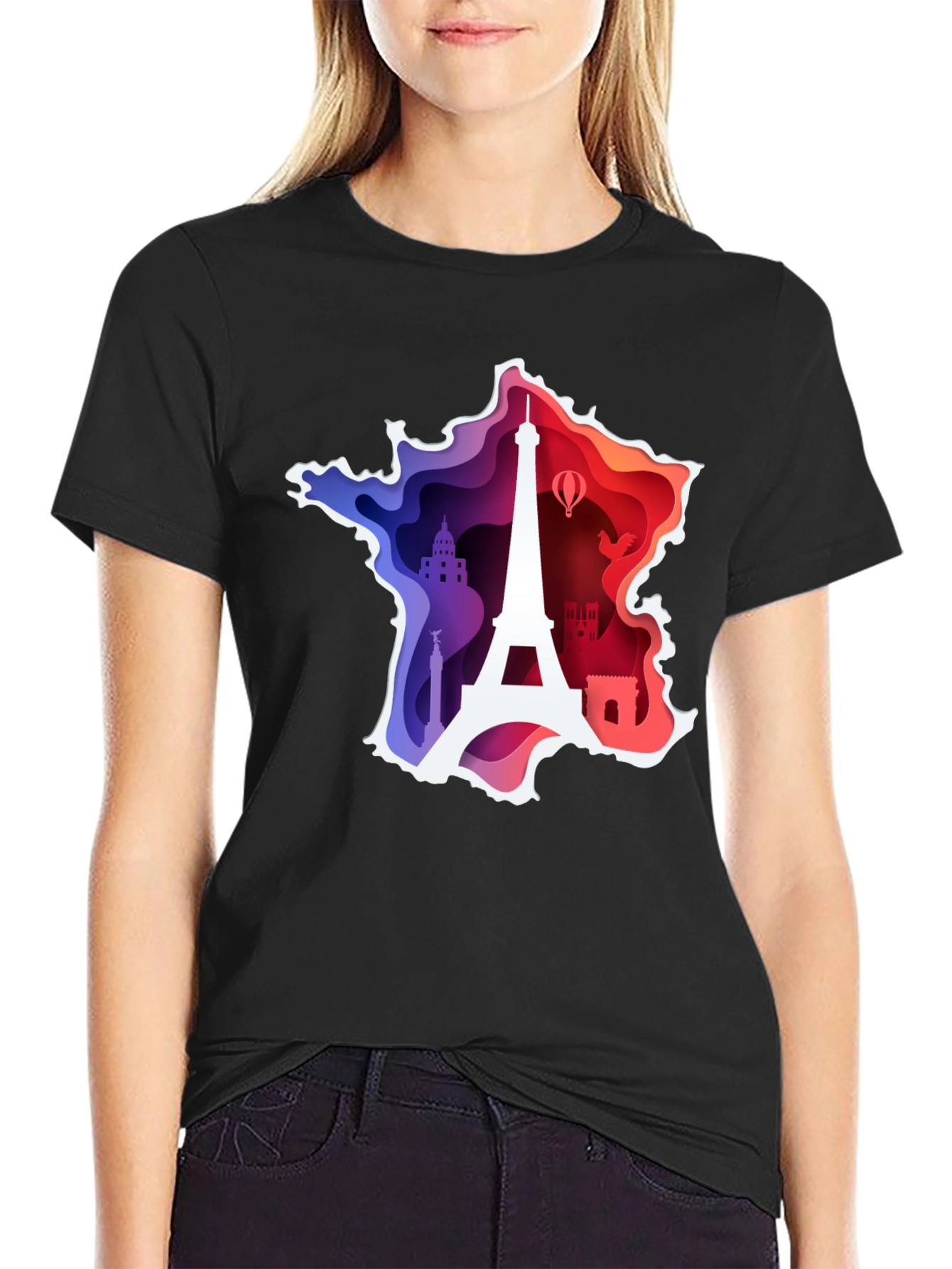 France Map Paris Landmark Black T-Shirt