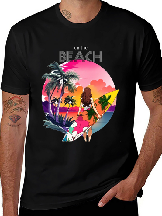 Tropical Beach Scene Graphic Tee - Black Cotton Comfort