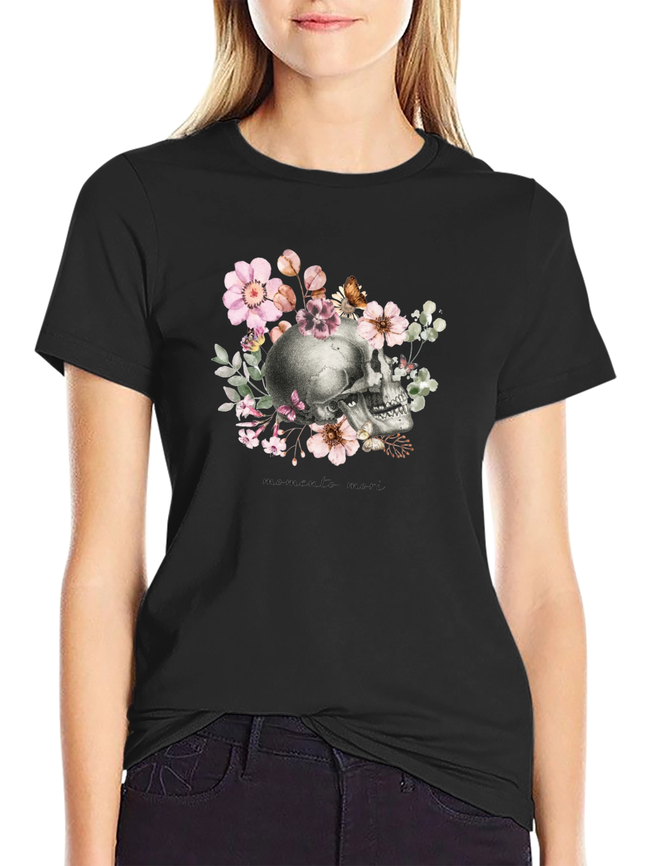Memento Mori Skull & Floral Black T-Shirt