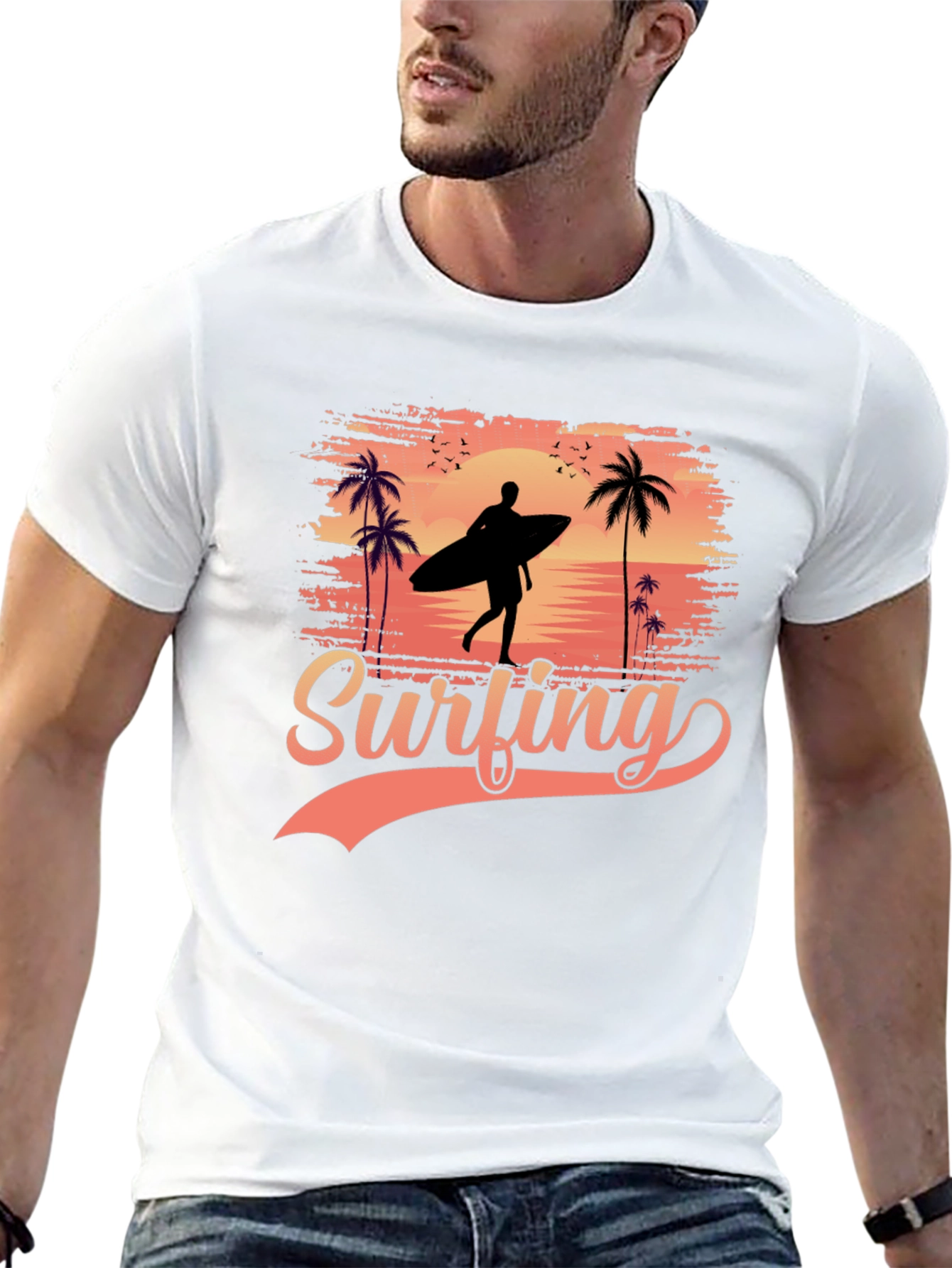Surfing Silhouette Graphic Tee - Tropical Beach Design