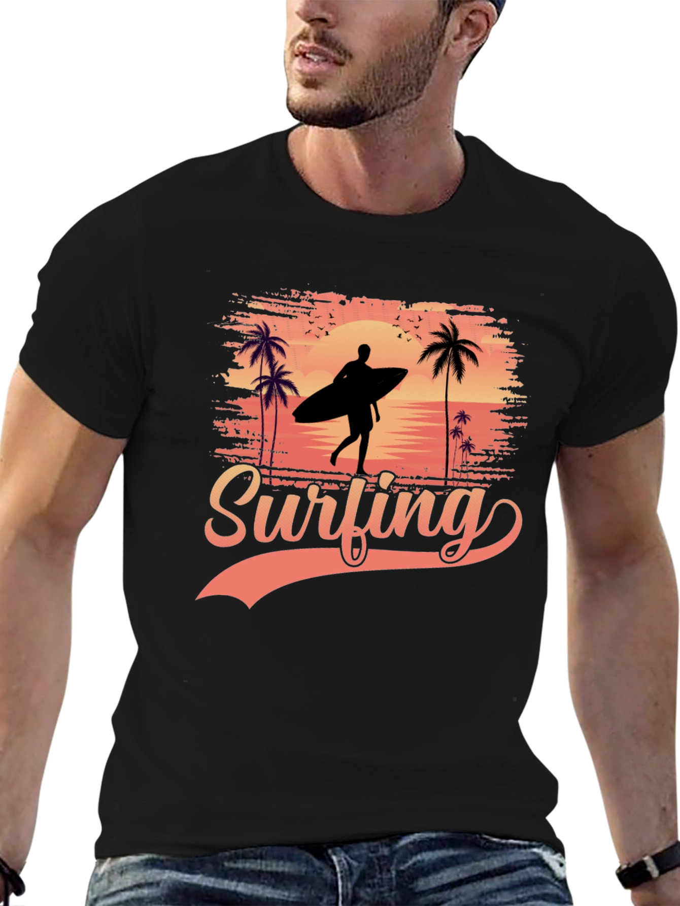 Surfing Silhouette Graphic Tee - Tropical Beach Design