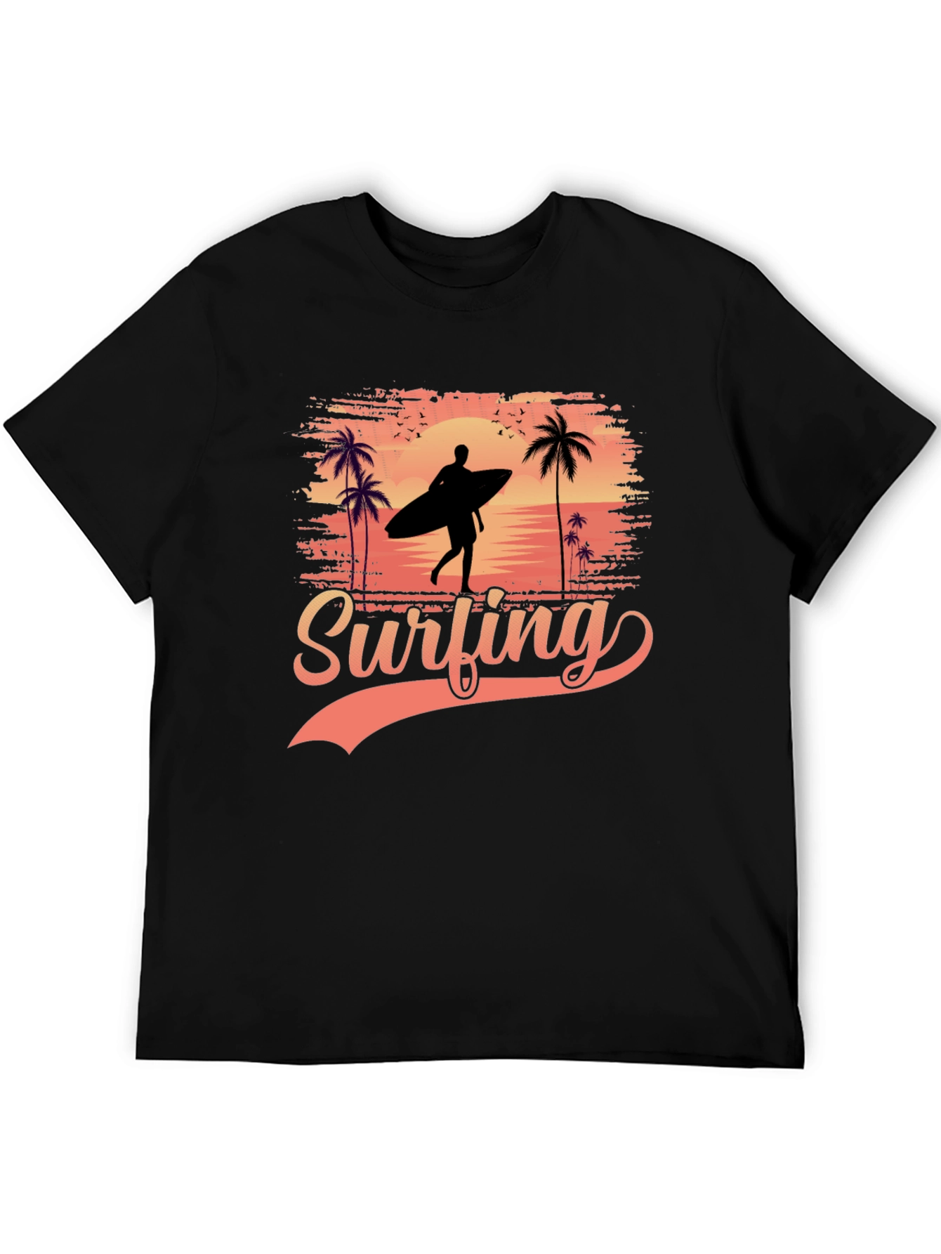 Surfing Silhouette Graphic Tee - Tropical Beach Design