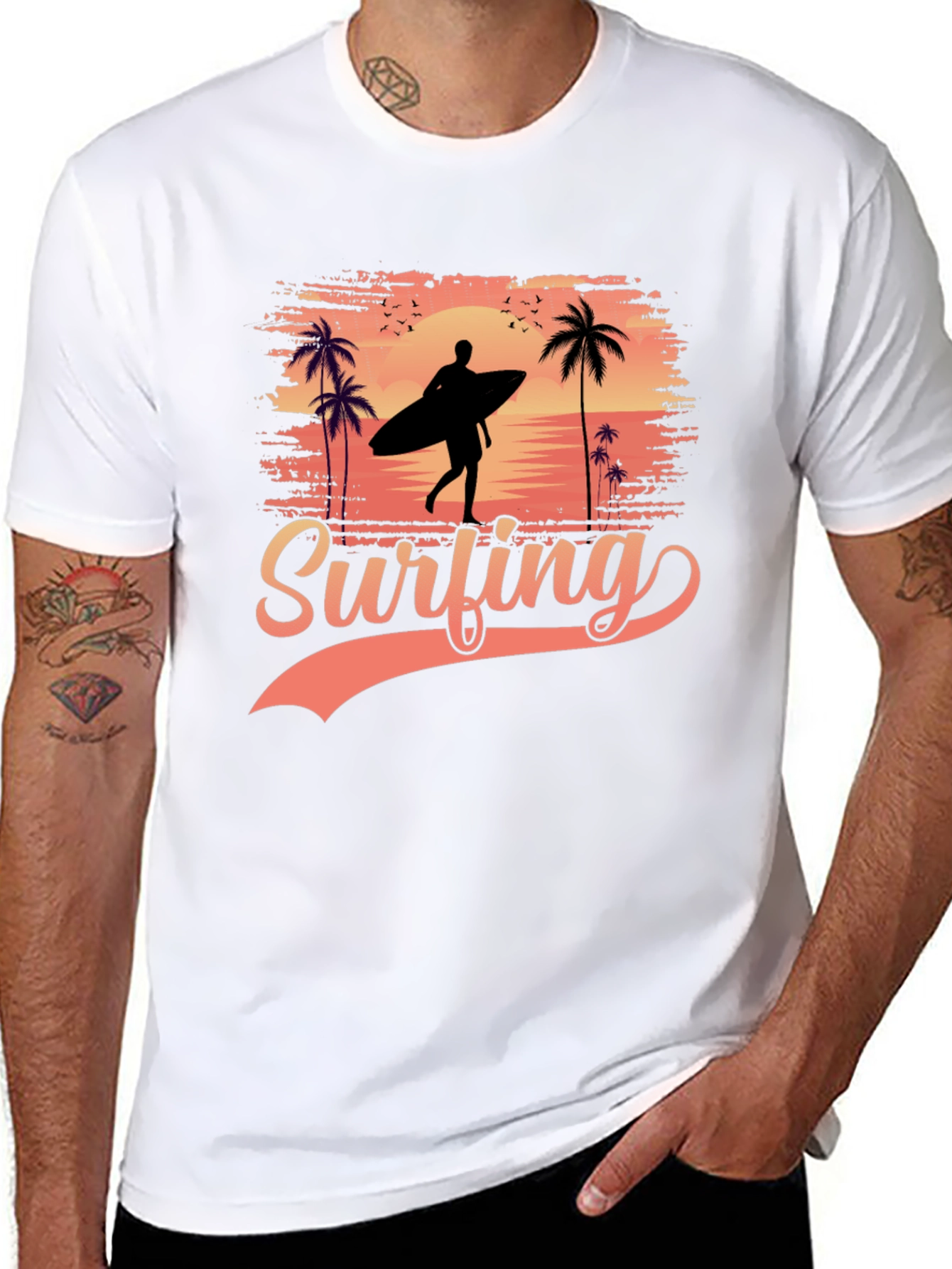 Surfing Silhouette Graphic Tee - Tropical Beach Design