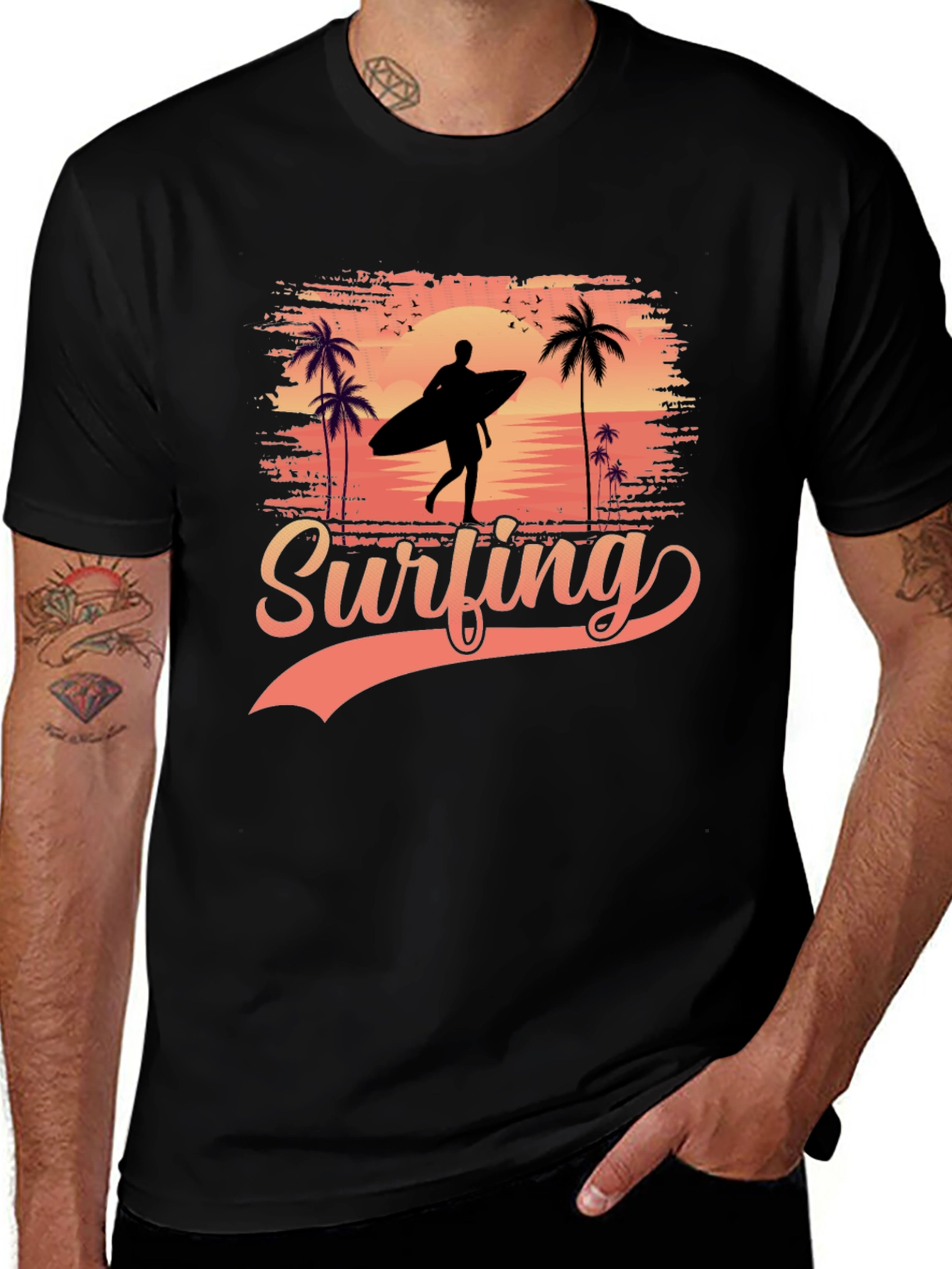 Surfing Silhouette Graphic Tee - Tropical Beach Design