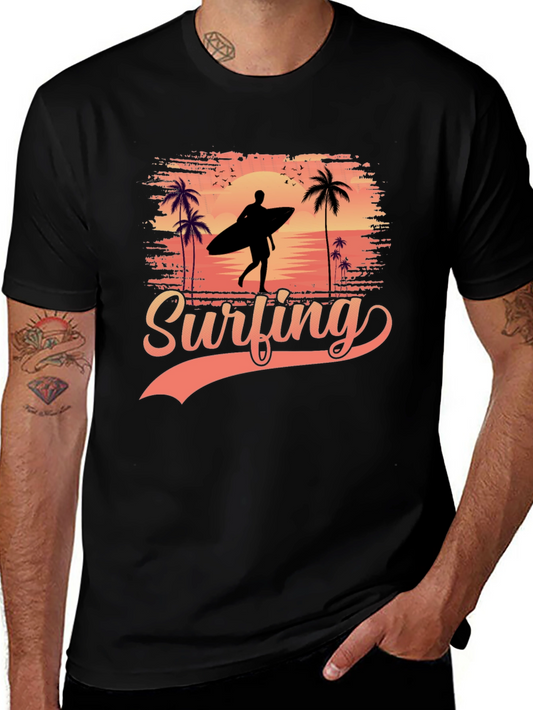 Surfing Silhouette Graphic Tee - Tropical Beach Design