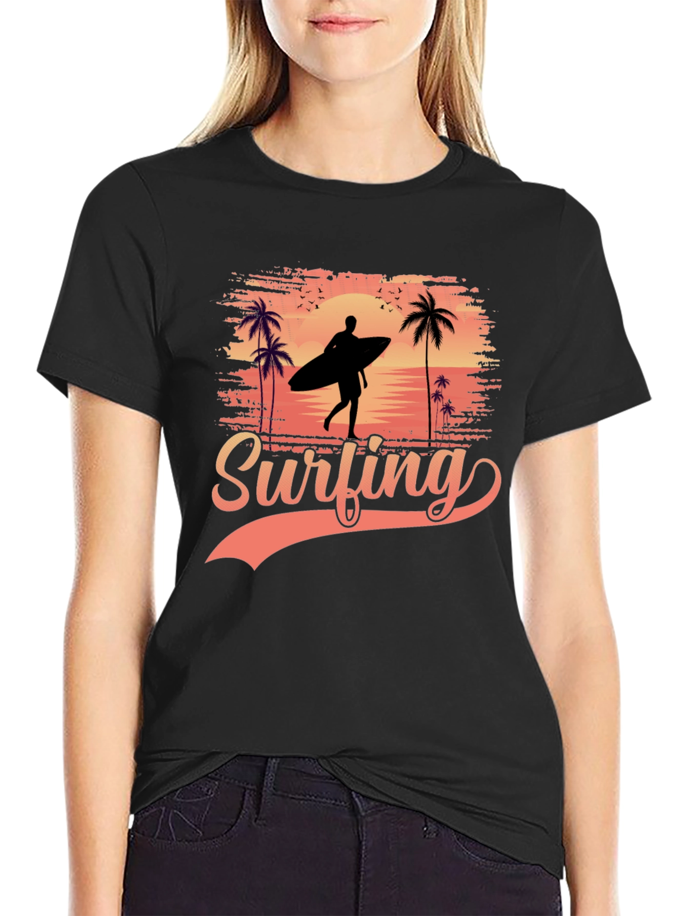 Surfing Silhouette Graphic Tee - Tropical Beach Design