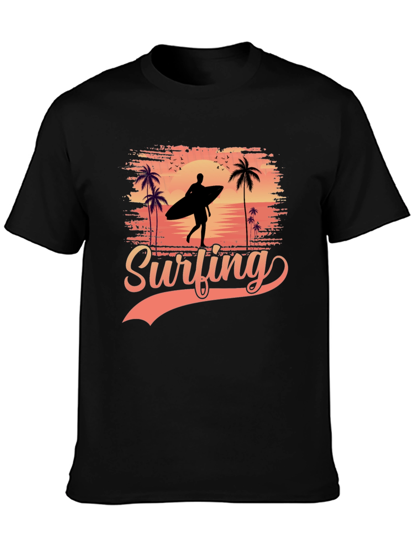 Surfing Silhouette Graphic Tee - Tropical Beach Design