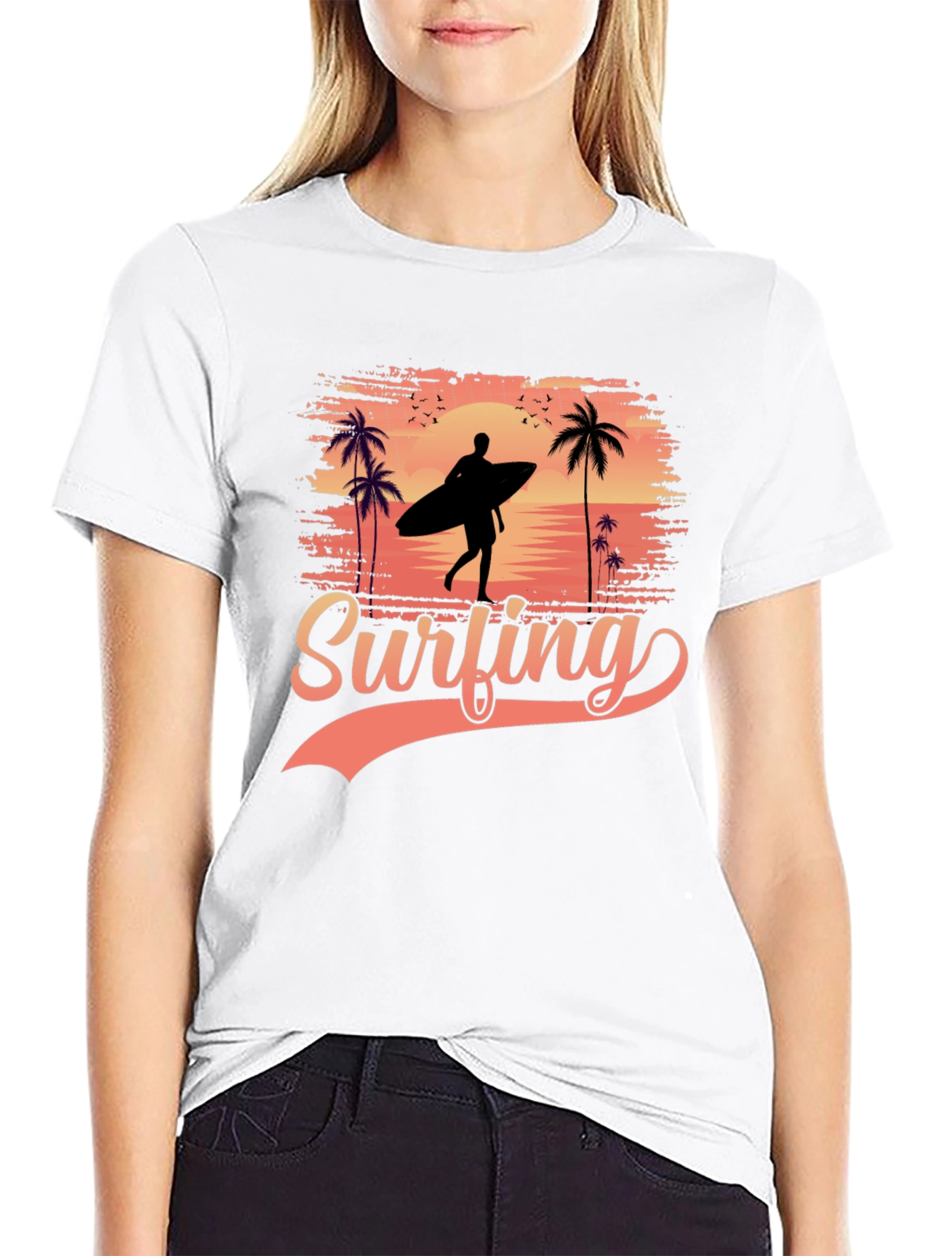 Surfing Silhouette Graphic Tee - Tropical Beach Design