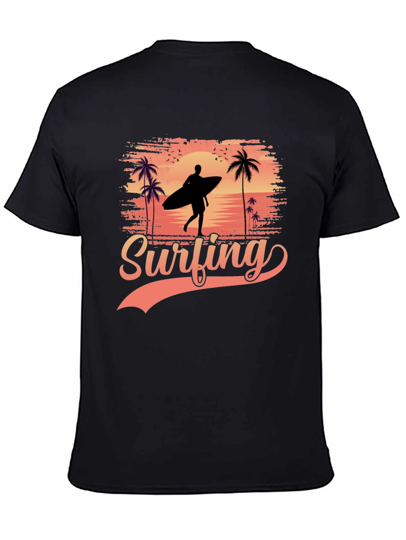Surfing Silhouette Graphic Tee - Tropical Beach Design