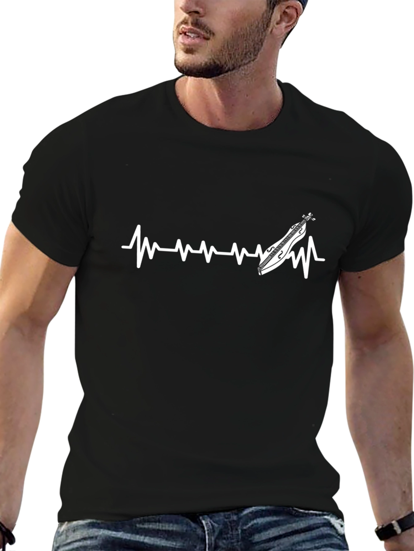 Dulcimer Heartbeat Graphic Tee - Black Cotton T-Shirt