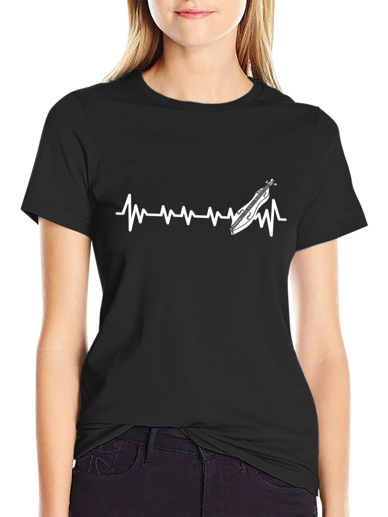 Dulcimer Heartbeat Graphic Tee - Black Cotton T-Shirt