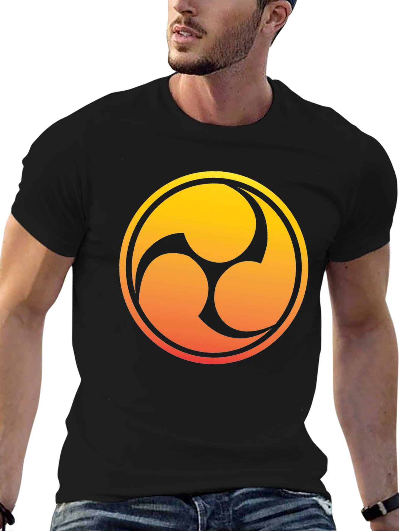 Black T-Shirt with Gradient Tomoe Design