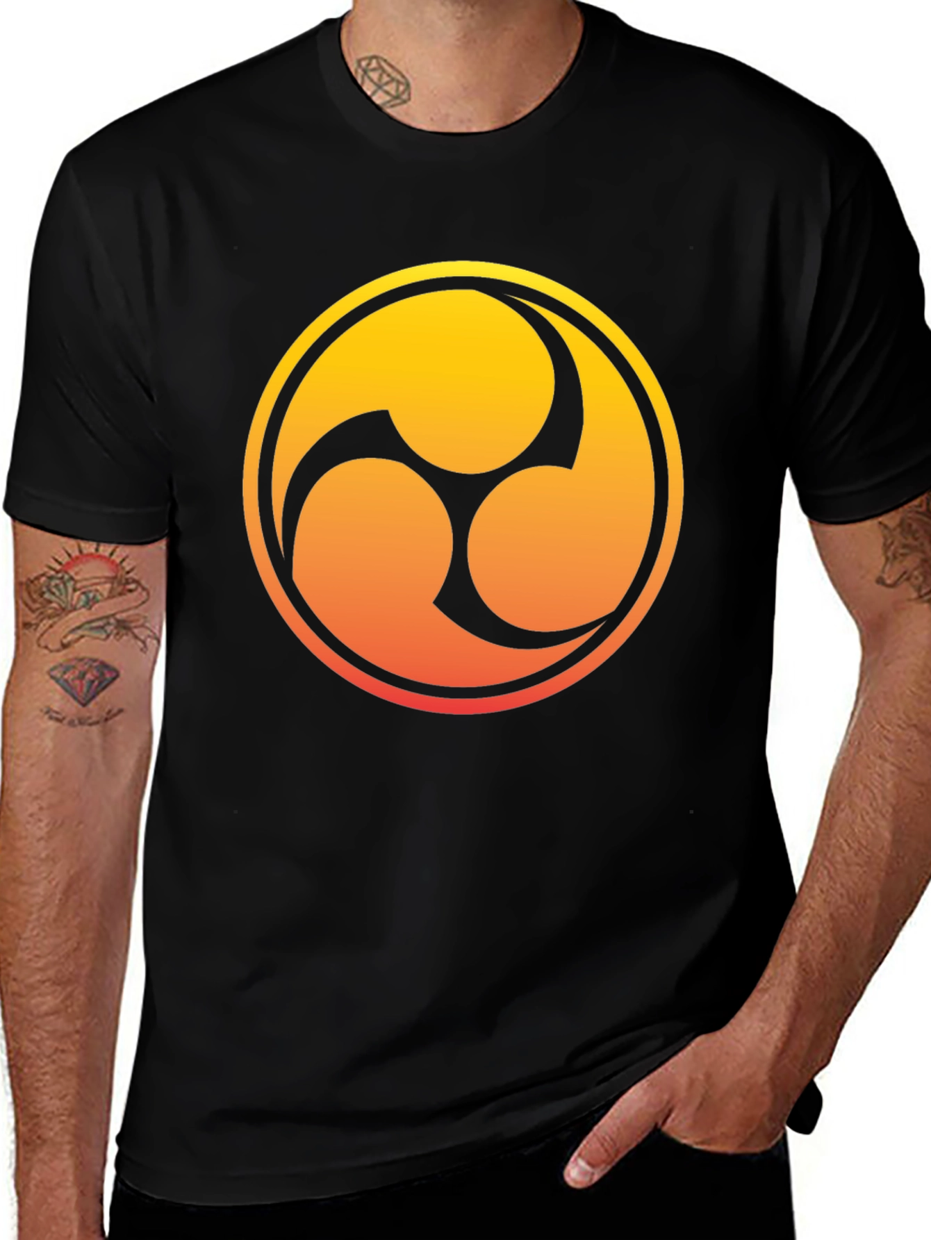 Black T-Shirt with Gradient Tomoe Design