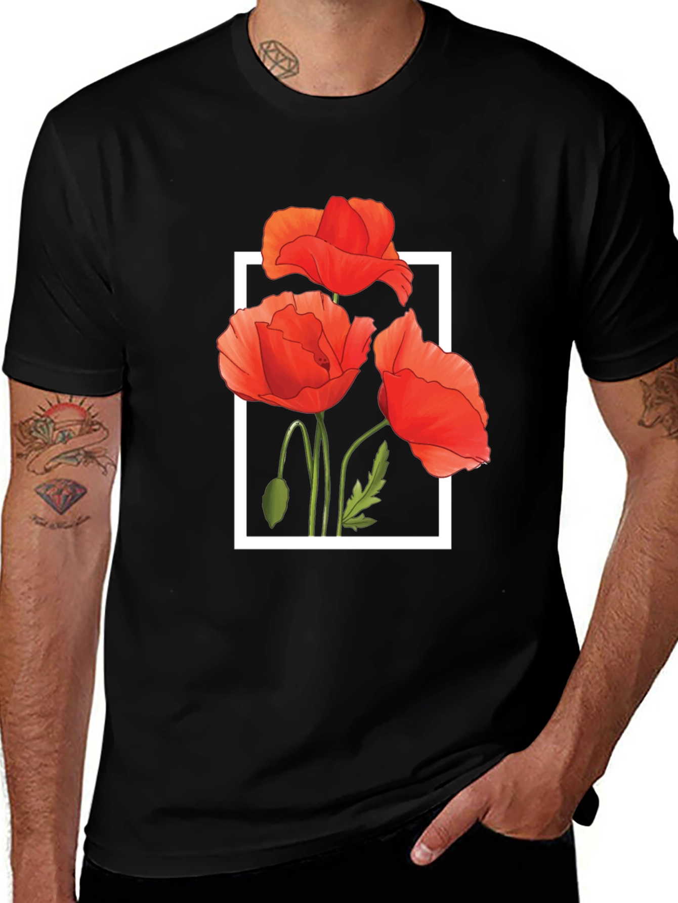 Black T-Shirt with Poppy Flower Design